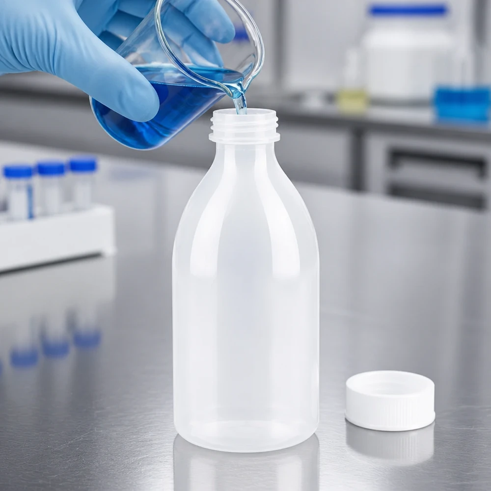 Nauwe hals laboratoriumfles 250ml met schroefsluiting Een chemicus giet een blauwe oplossing in een plastic laboratoriumfles van 250 ml met een smalle hals