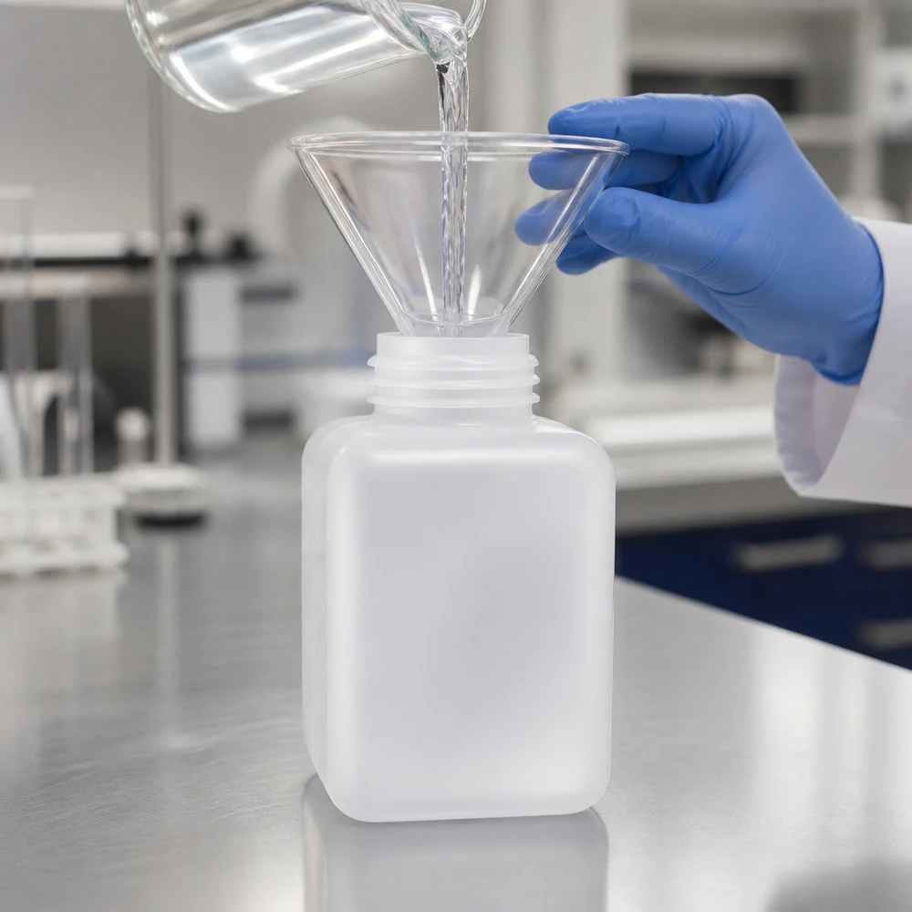 Chemicaliënfles 500 ml, wijde hals Een glazen trechter in een 500 ml PE-HD-fles met brede hals (naturel) maakt het veilig overgieten van laboratoriumvloeistoffen mogelijk