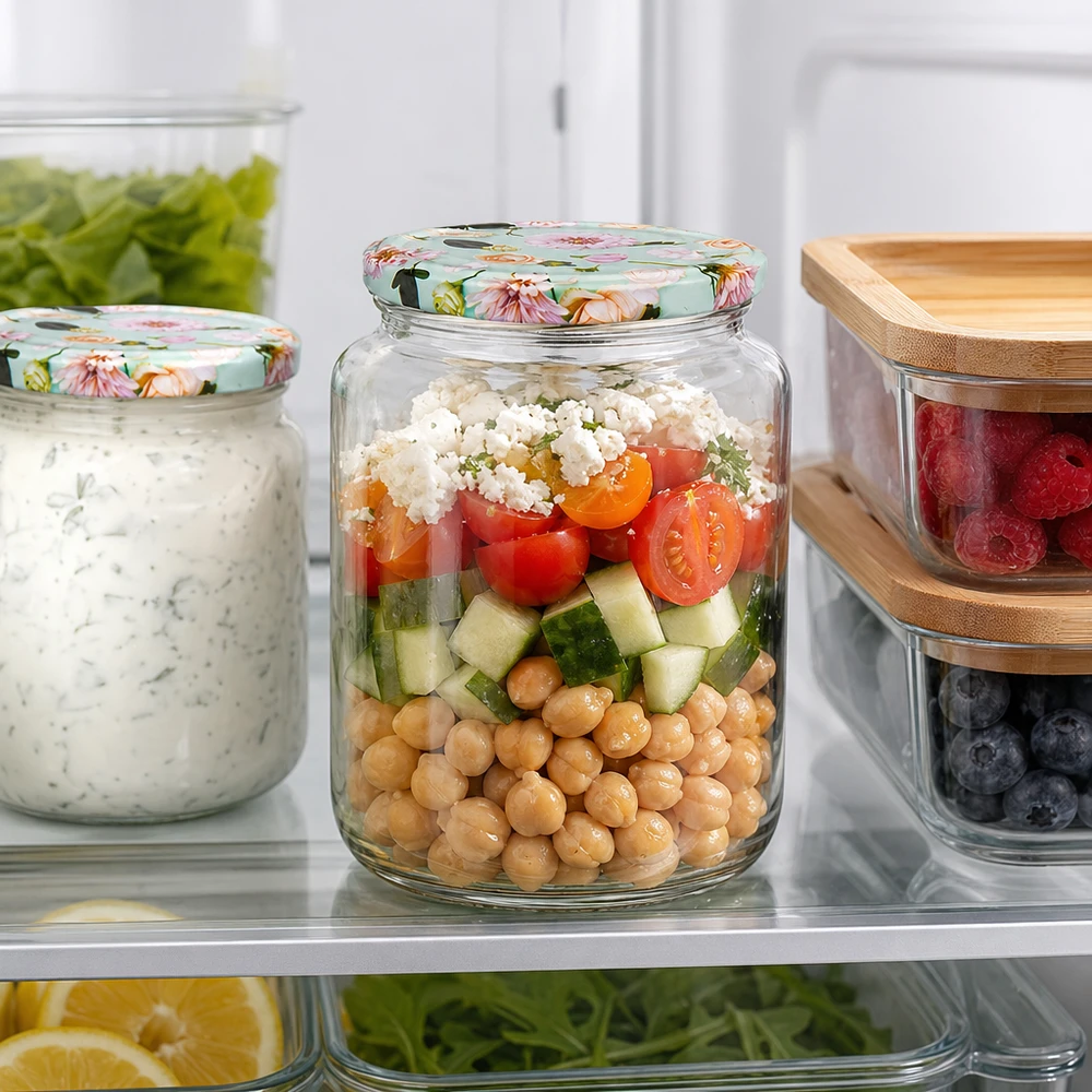 795 ml ronde pot met muntbloem deksel in de koelkast, gevuld met kikkererwten salade tussen de maaltijd prep containers