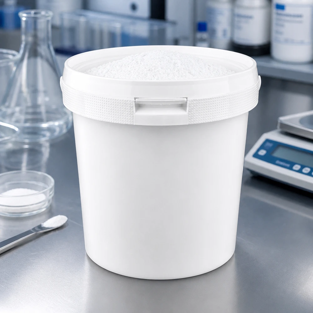 Stevige cilindrische emmer van 2,5 liter, gemaakt van wit polypropyleen, met een vormvaste klemdeksel