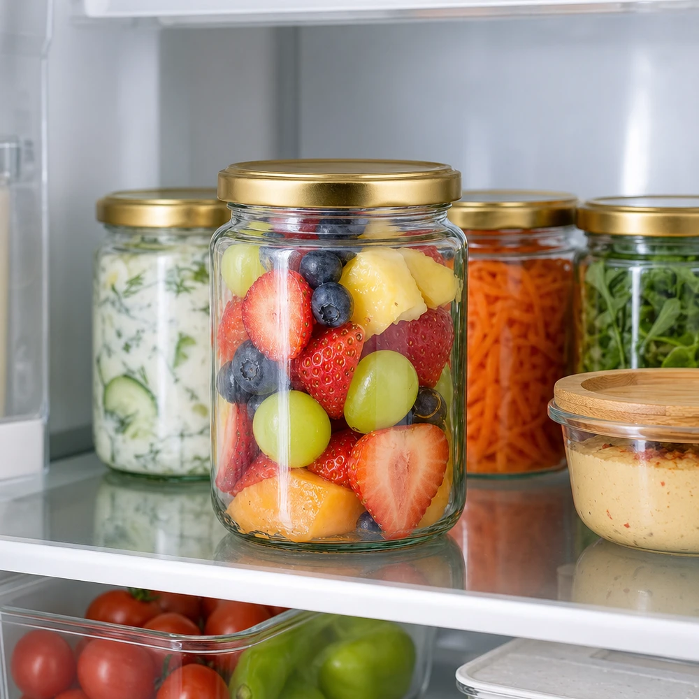 450g Honigglas BasicSeal im Kühlschrank mit Früchten gefüllt zeigt praktische Aufbewahrung für frische Lebensmittel
