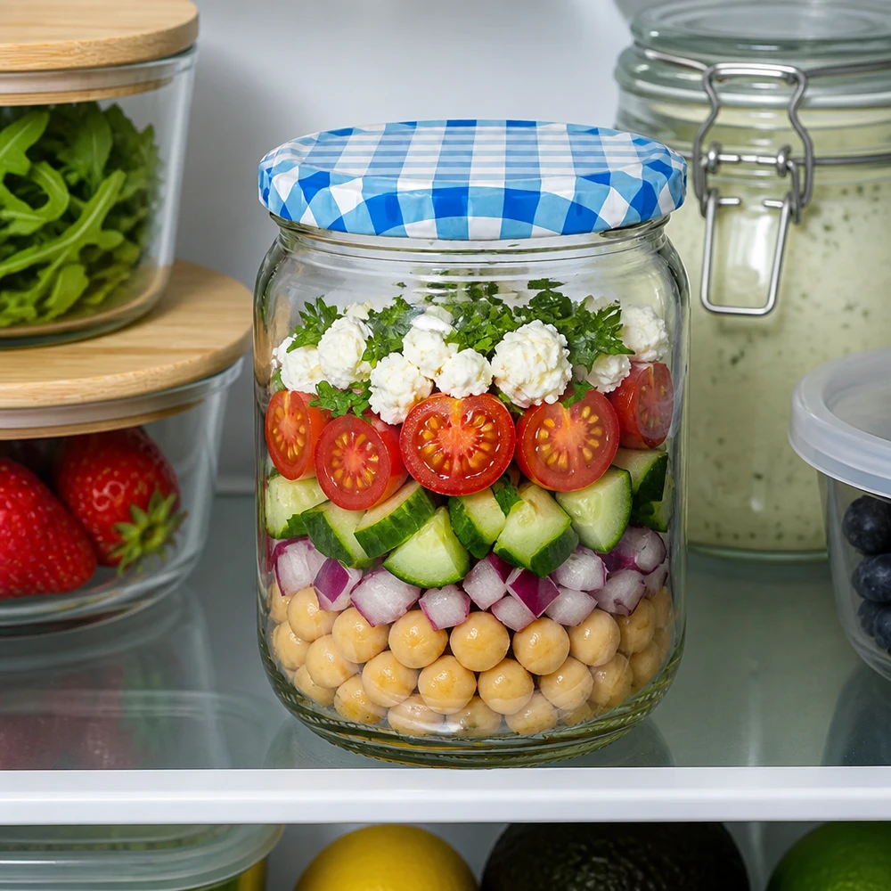 Doorzichtige UNiTWIST-inmaakpot van 555 ml met geruite deksel voor verse salades in de koelkast
