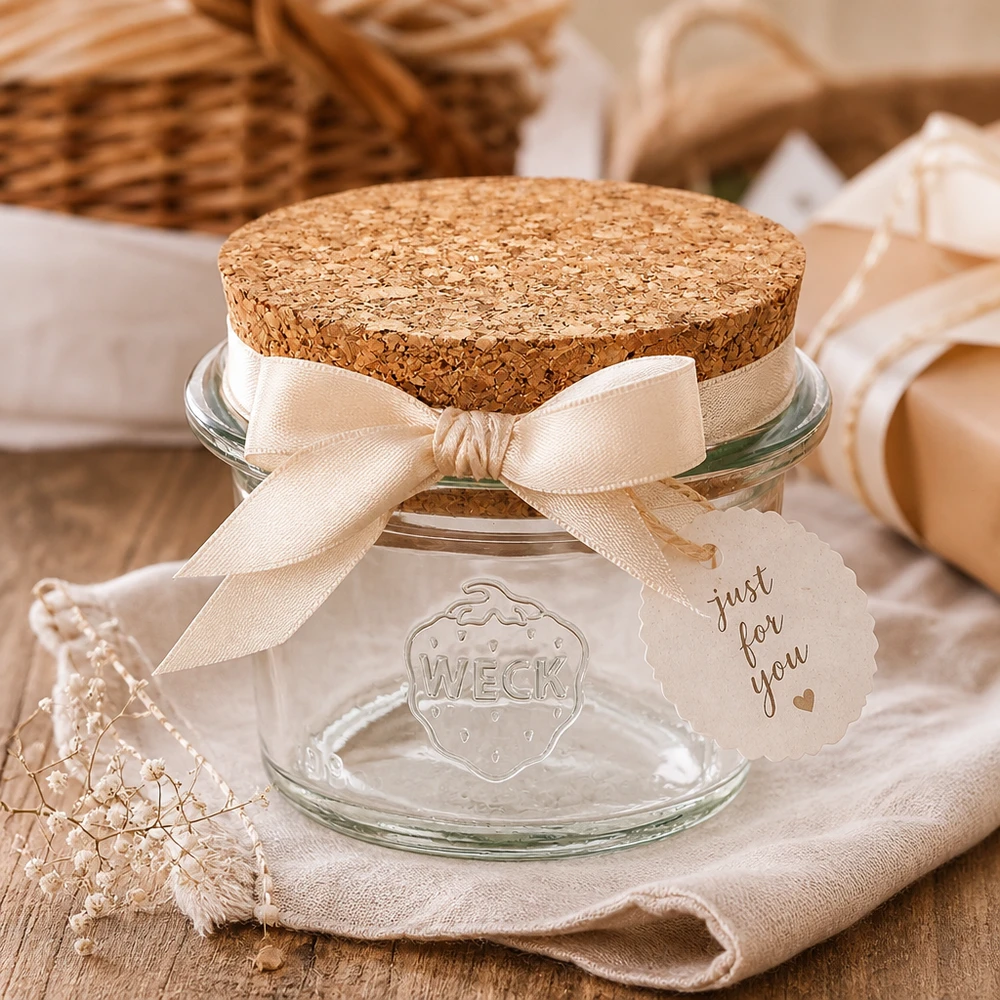 35ml stortglas WECK RR40 met kurk WECK RR40 35ml bekers met kurk als geschenkverpakking met decoratieve strik en label