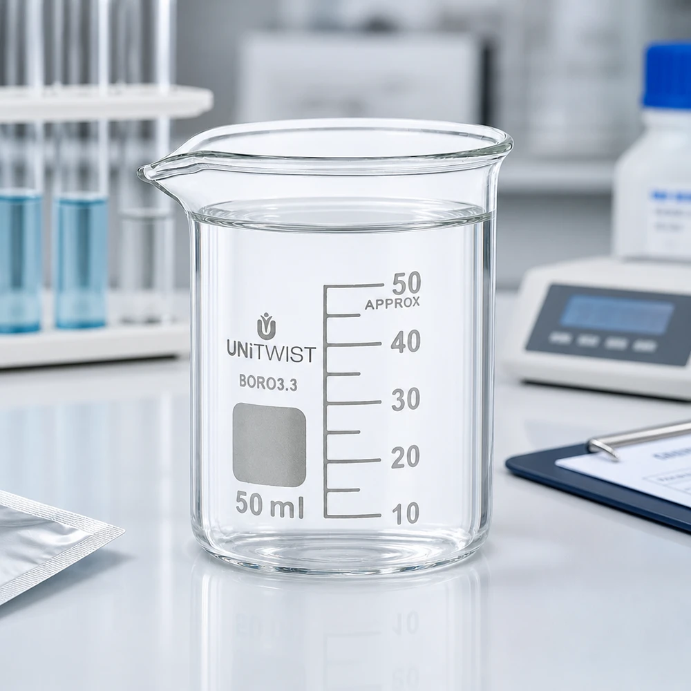 Beker 50ml borosilicaat, lage vorm UNiTWIST UNiTWIST BORO 3.3 bekerglas 50 ml laboratoriumuitrusting met weegschaal en klembord op de achtergrond