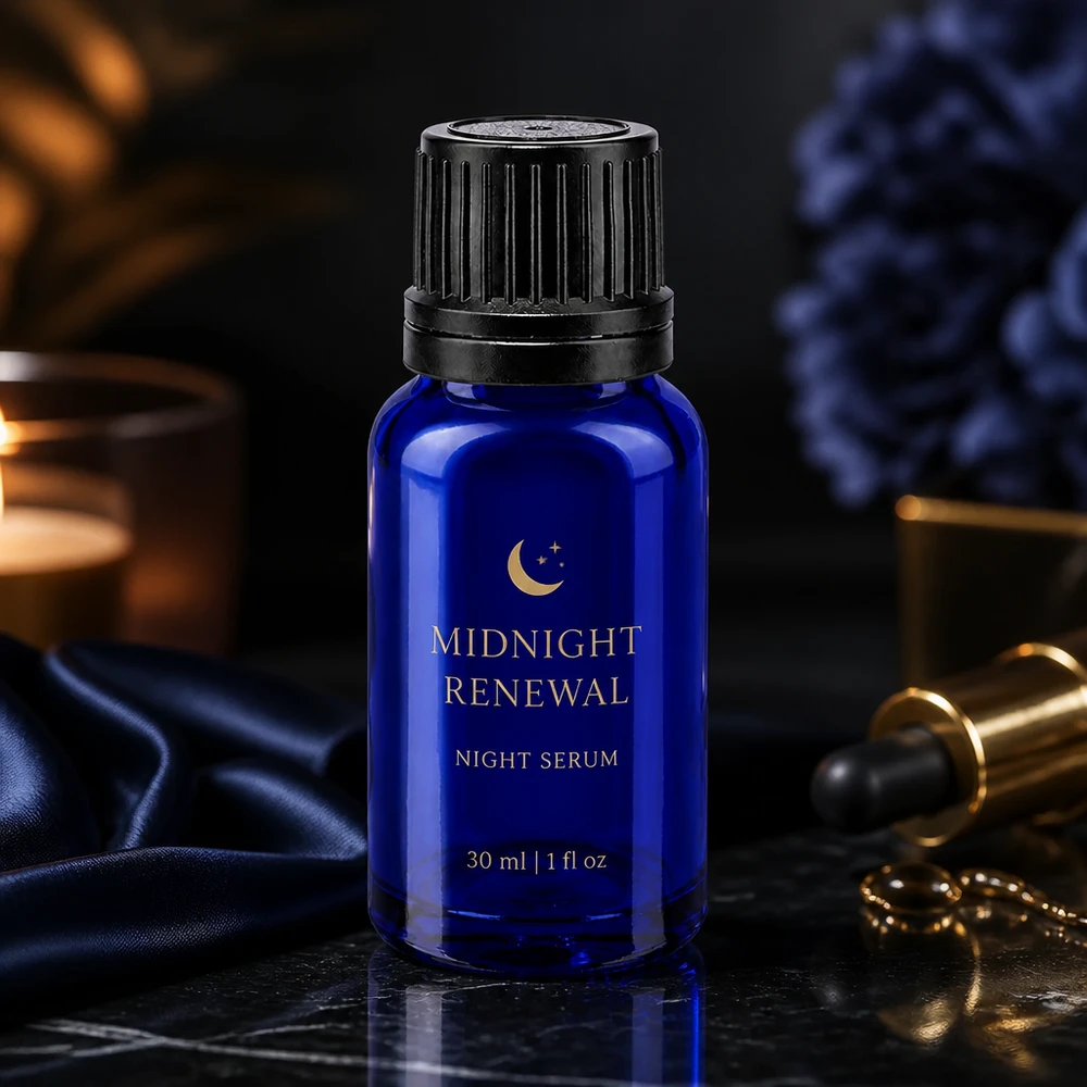 Een blauw apothekersglasflesje van 10 ml met een zwarte OV-sluiting, naast gouden accessoires
