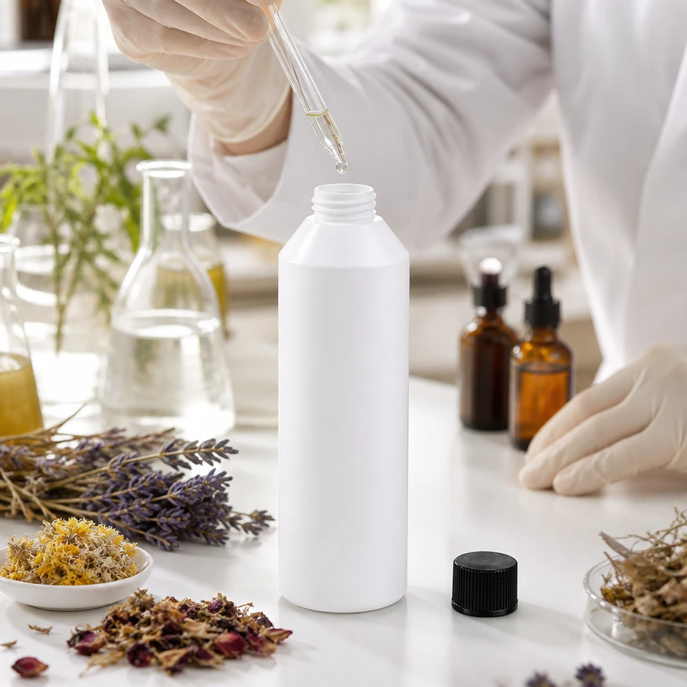 Een laboratoriummedewerkster met handschoenen vult een witte HDPE-fles van 250 ml met lavendel en amberkleurige flesjes