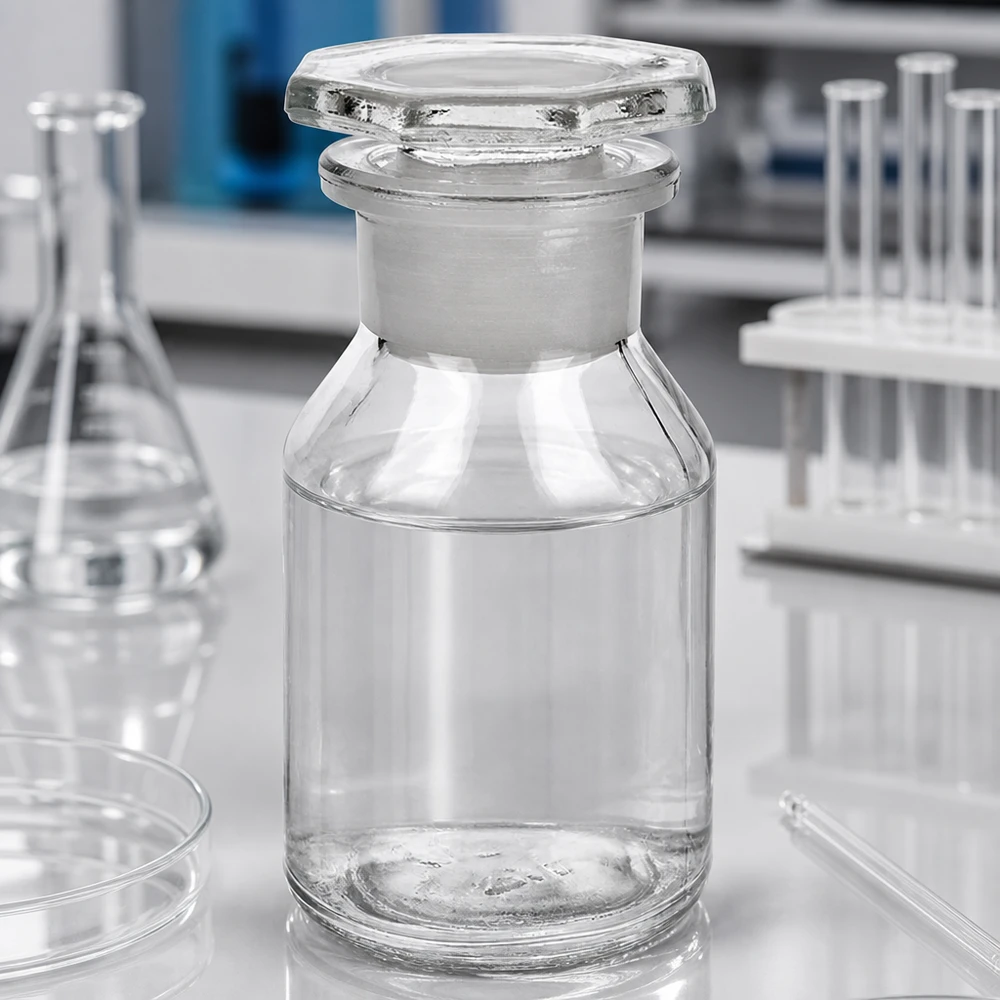 Fles van helder glas met steile zijkanten, 50 ml, met brede hals en glazen stop, voor farmaceutische toepassingen
