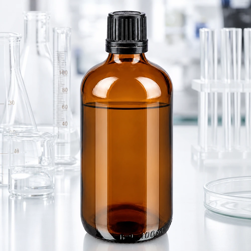 Slanke GR-fles van 100 ml van apothekersglas met kindveilige OV-dop in zwart, 8 mm