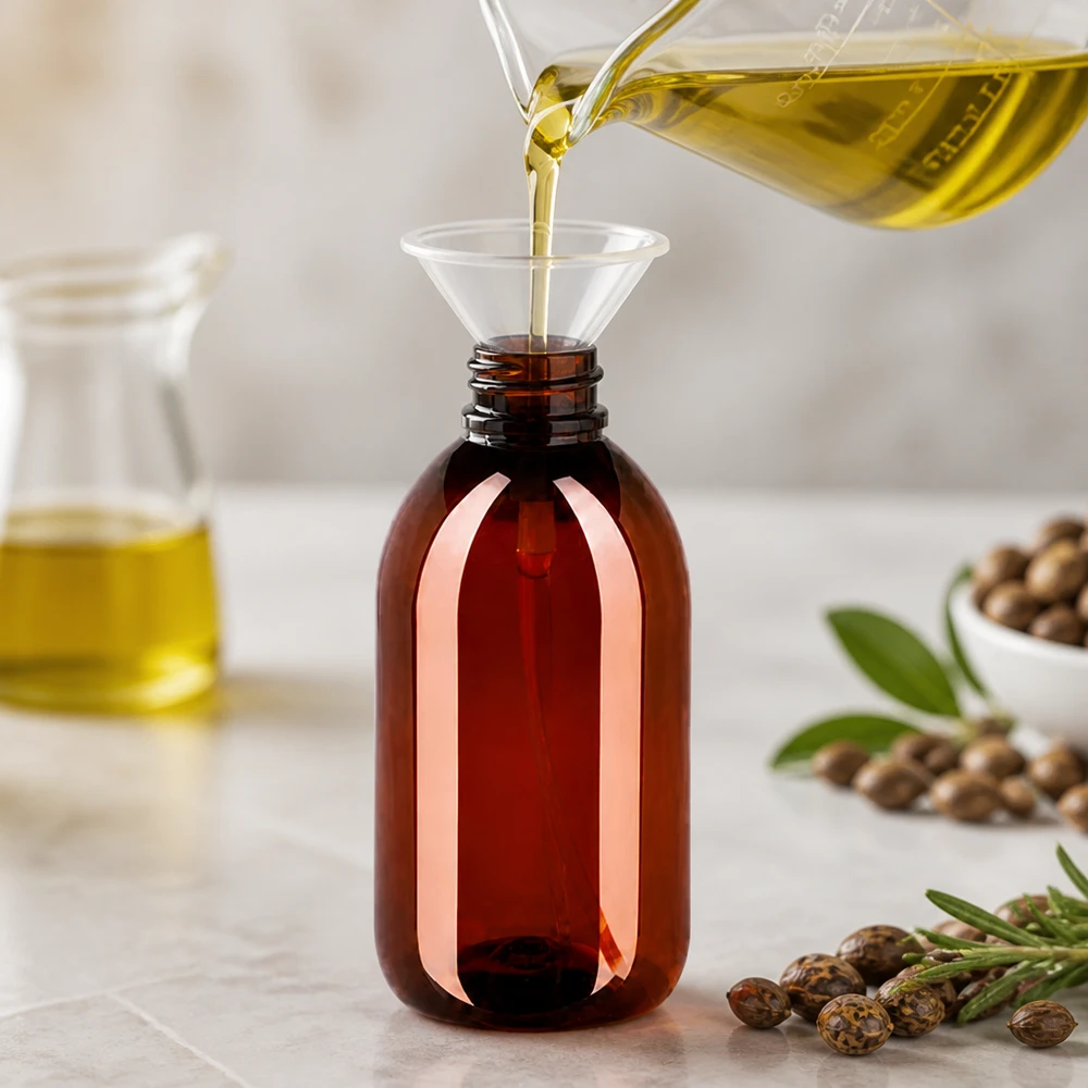 250 ml PET medicijnfles met verstuiver wit GCMI 28/410 incl. dop transparant, standaard Herstellung von Naturkosmetik Öl in bernsteinfarbener 250ml PET Flasche befüllen