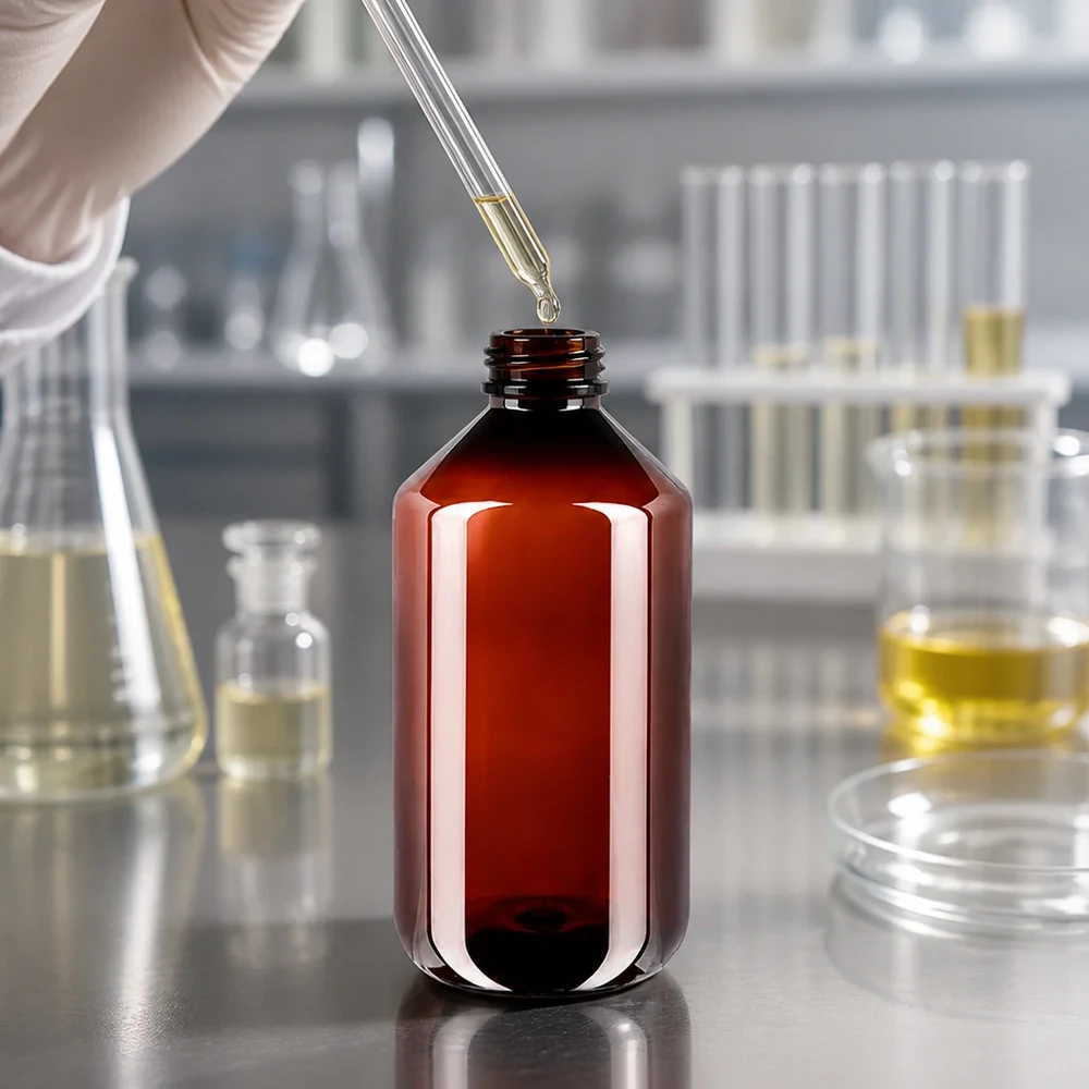 Chemicaliebestendige bruine PET-fles van 500 ml met blauwe veiligheidsdop