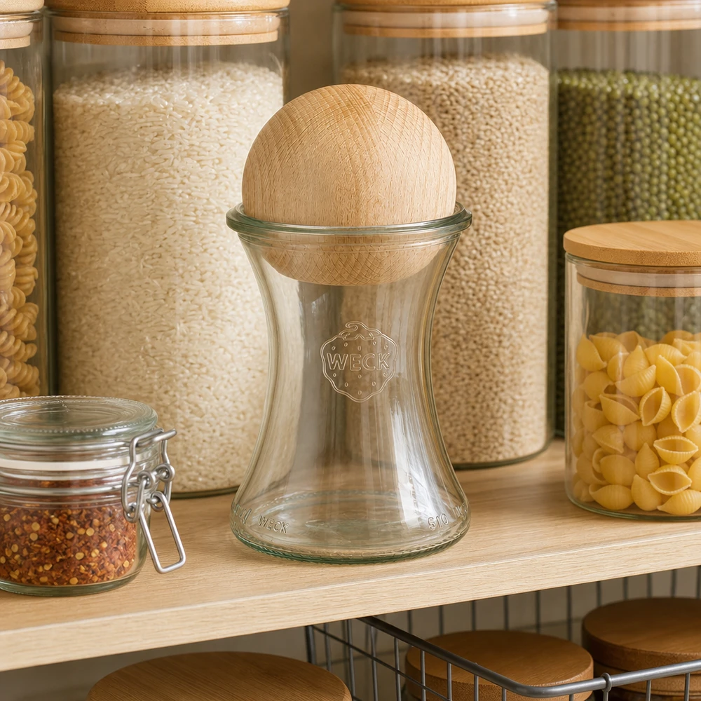 WECK delicatessenpot 370ml RR80 met beuken bol in opbergrek tussen inmaakpotten gevuld met pasta rijst
