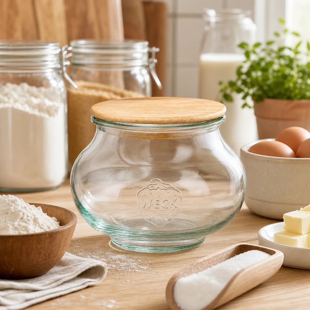 560ml juwelenglas WECK RR80 met hout deksel WECK decoratieve pot 560ml RR80 met houten deksel eik tussen bakingrediënten bloem eieren boter op houten plank keuken