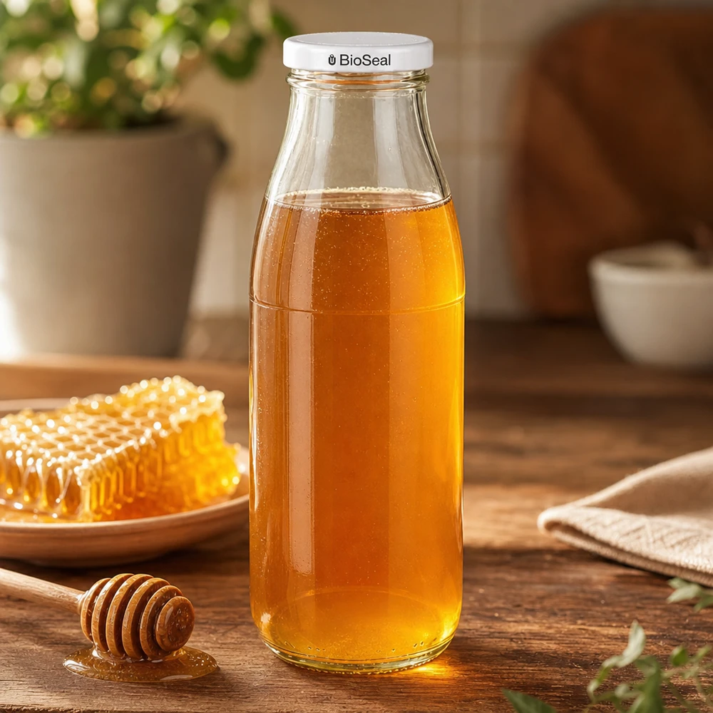 Glazen fles van 500 ml gevuld met honing, witte BioSeal deksel, naast honingraat en honinglepel op houten tafel