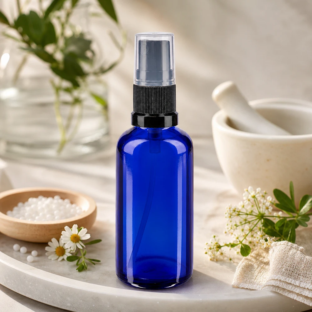 Ronde blauwe glazen fles van 50 ml met een zwarte pomp op een lichtgekleurd natuursteen dienblad