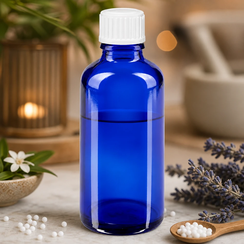 Blauwe glazen fles van 50 ml met witte dop naast een houten lepel met witte globuli en lavendel