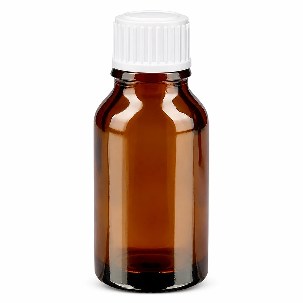 Bruine glazen flesje van 15 ml met een geribbelde witte druppeldop voor geneesmiddelen