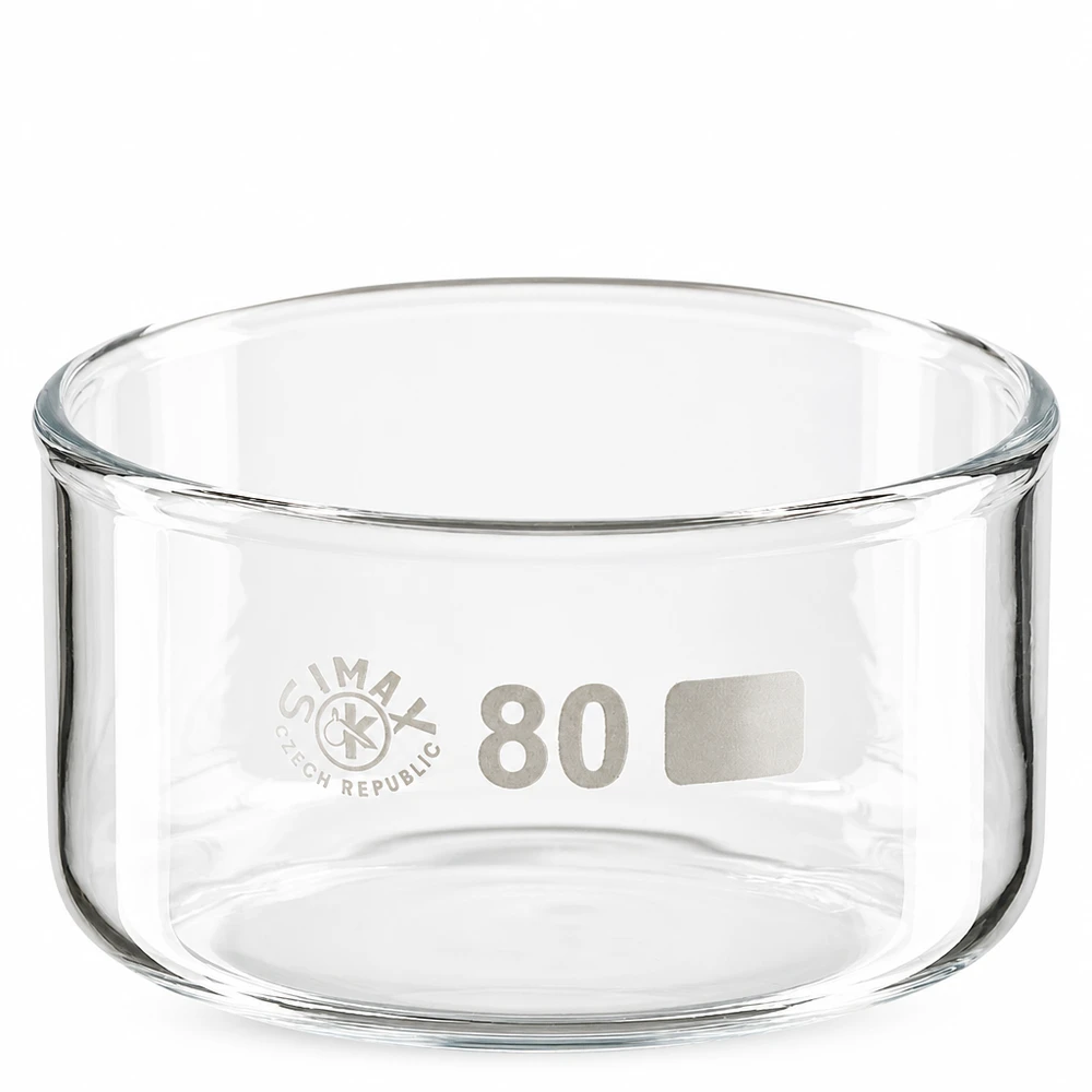 Kristalliseerschaal 150ml zonder schenktuit Doorzichtig laboratoriumglaswerk: kristallisatieschaal 150 ml, cilindrische vorm, vlakke bodem, zonder uitloop
