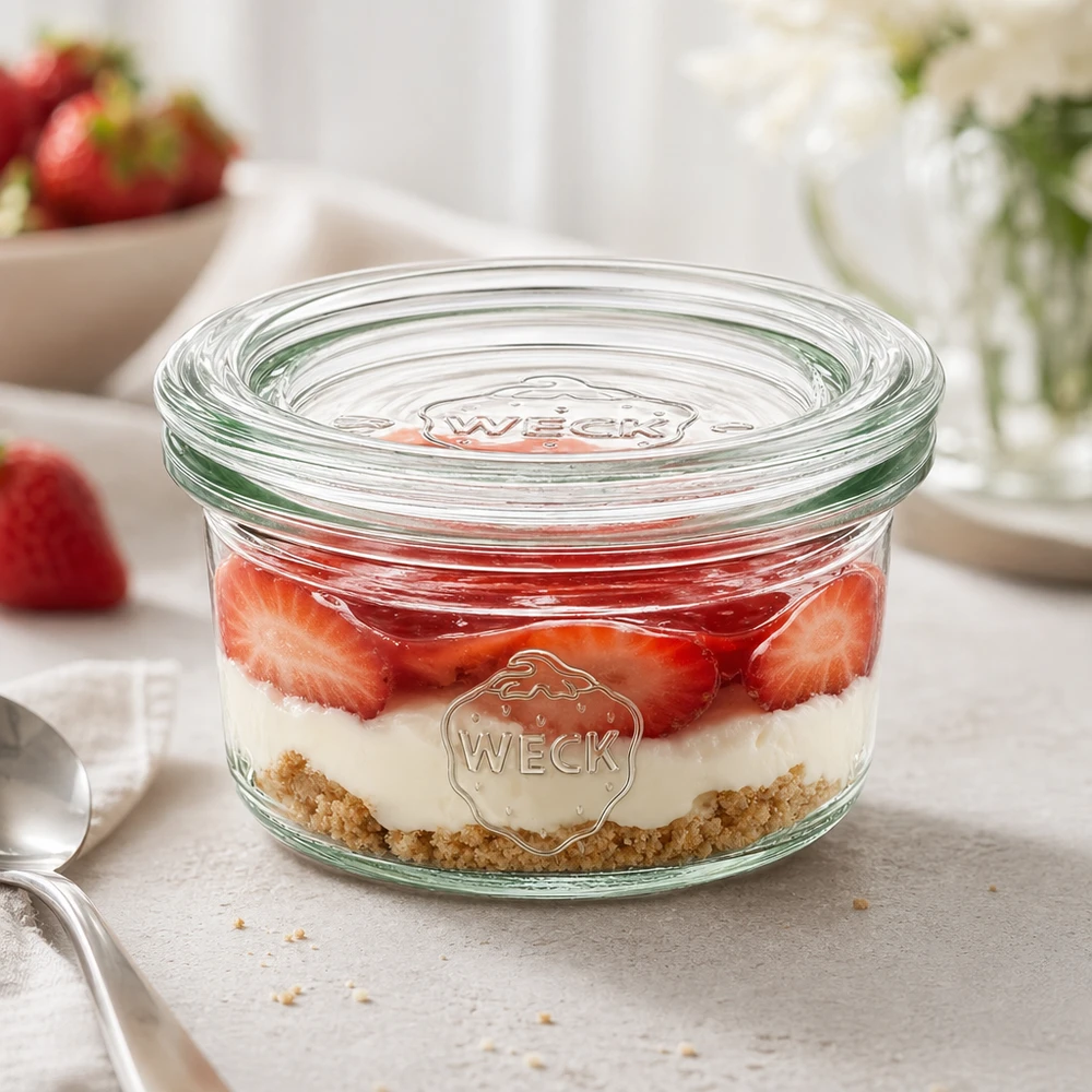 WECK bekers 50ml RR60 met gelaagd dessert van aardbeien en room als elegante portionering op een wit werkblad