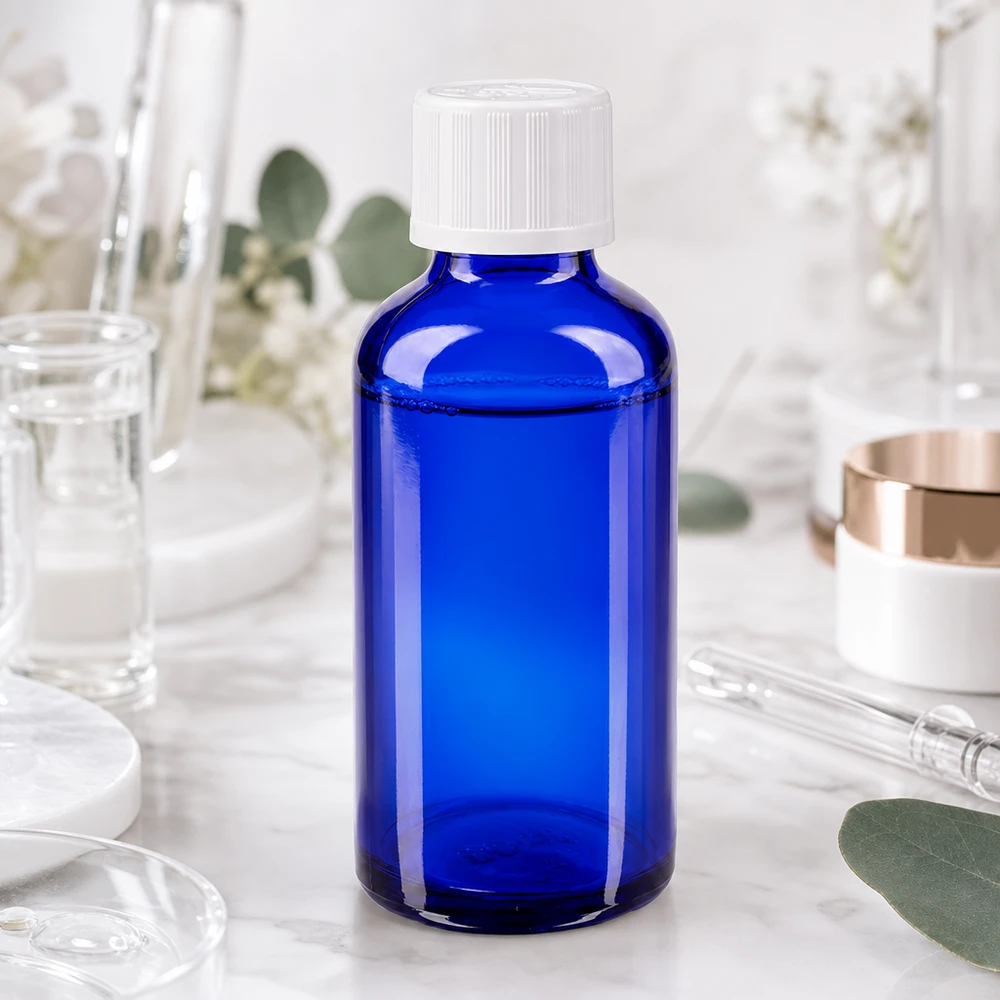 Blauwe serumfles van 50 ml van apothekersglas met een witte veiligheidsdop en pipet