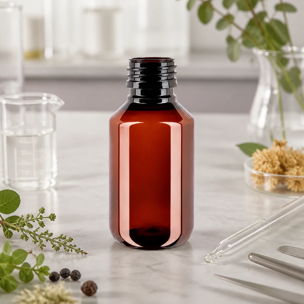 Bruine ronde PET-fles van 100 ml, type PP28, zonder dop, omringd door geneeskrachtige planten, een pipet en laboratoriumapparatuur