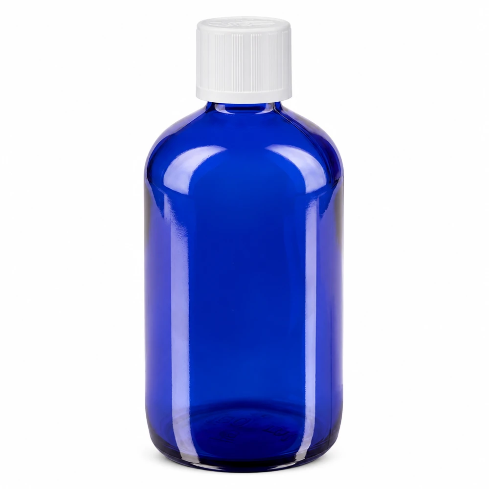 Blauwe glazen flessen 100ml met wit druppelsluiting kinderslot St 100 ml ApoGlas-druppelfles, blauw met witte veiligheidsdop, ideaal voor geneesmiddelen en oliën
