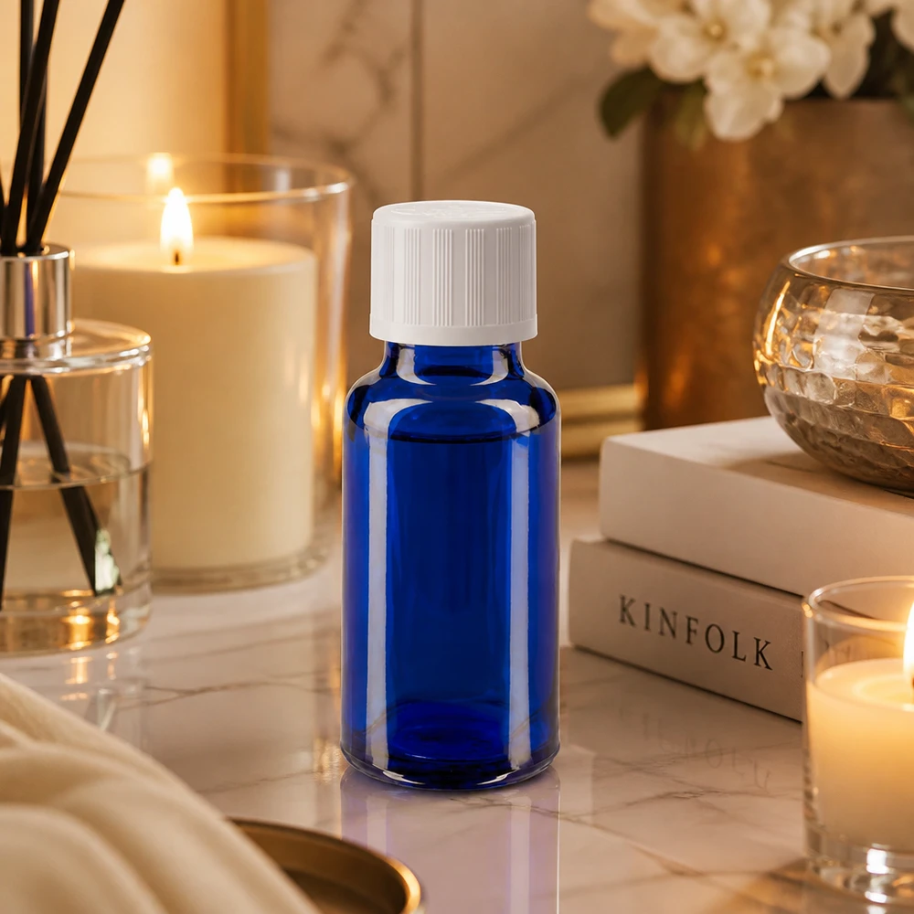 Blauwe glazen flessen 20ml met wit schroefsluiting kinderslot St Kobaltblauw apothekersglasflesje van 20 ml met kindveilige witte dop van 11 mm