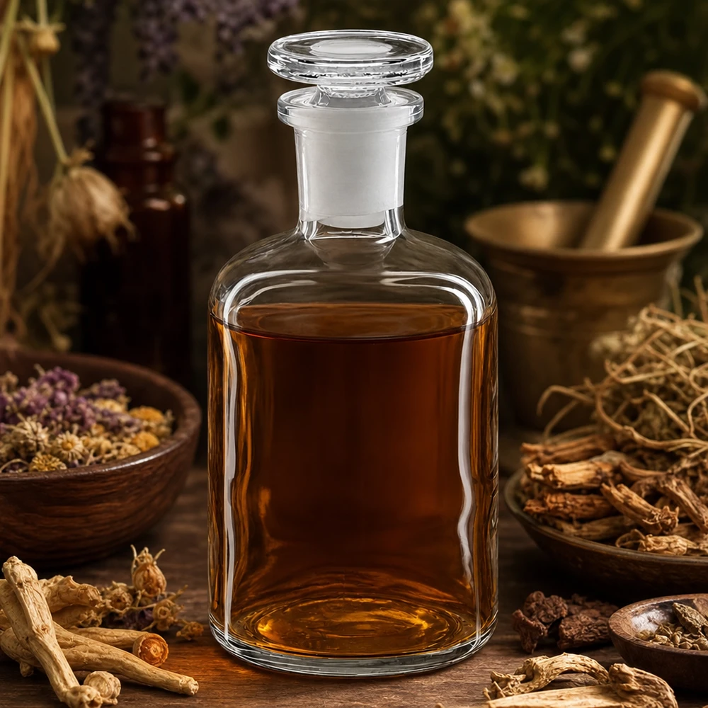 Medisch glas 100 ml, helder, smalle hals, met glazen stop, voor vijzel en geneeskrachtige planten, sfeervol