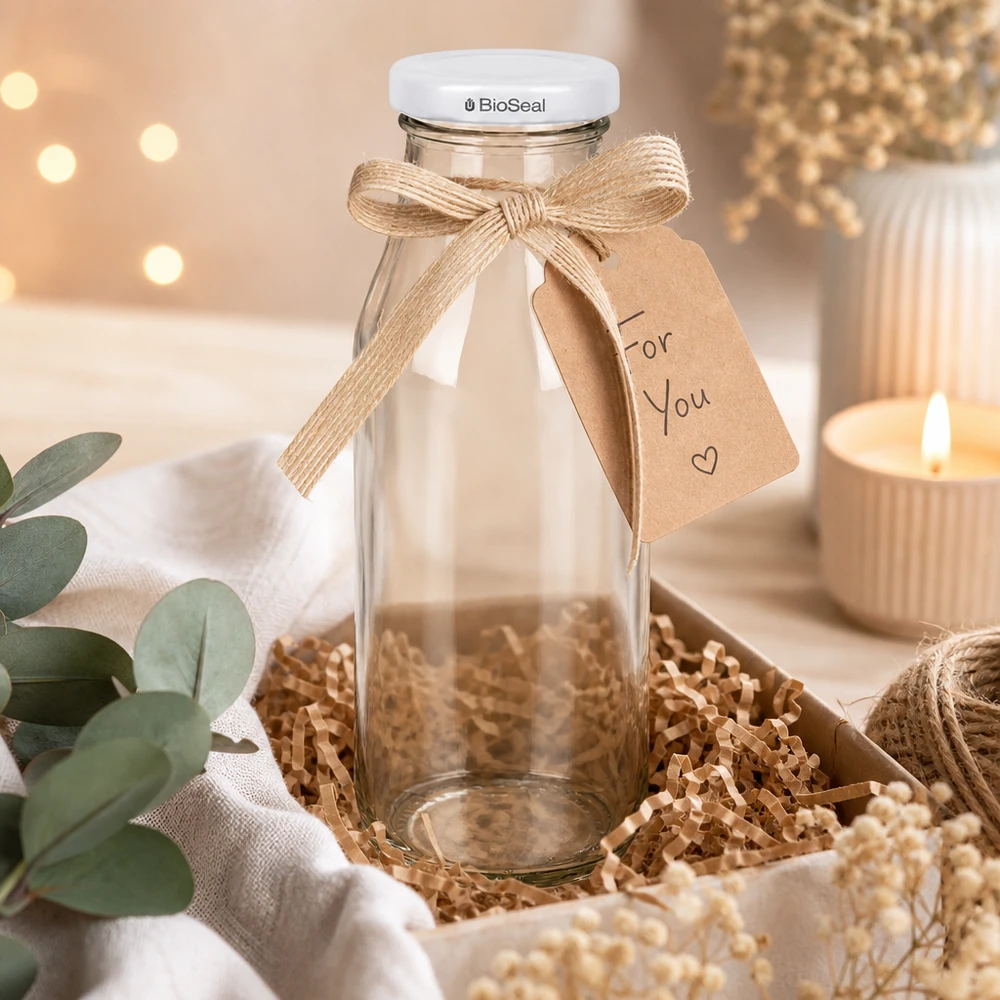 263ml fles met BioSeal deksel wit UNiTWIST UNiTWIST Bottle263 Glasflasche mit weißem TO43 BioSeal Deckel als Geschenk dekoriert mit Schleife und Anhänger