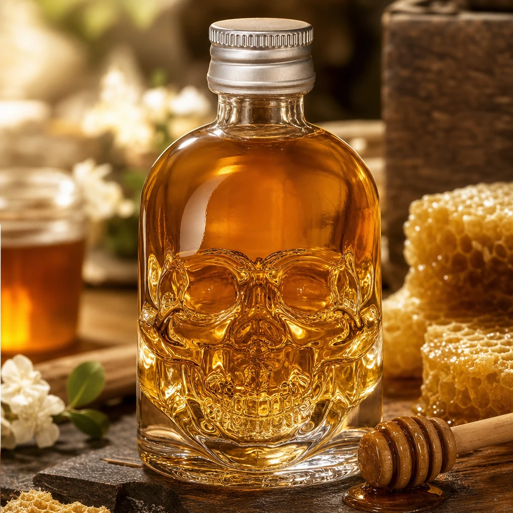 50 ml glazen fles Hector en schroefdop zilver UNiTWIST® 50ml glazen schedelfles Hector gevuld met honing naast honingraat en honinglepel in rustieke keuken