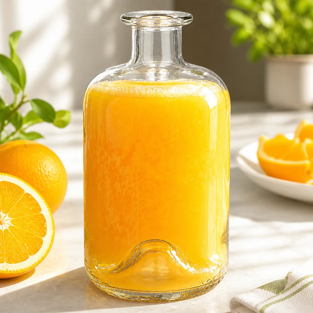 500ml Luna glazen fles gevuld met vers sinaasappelsap naast sinaasappelschijfjes als sapkaraf in de keuken