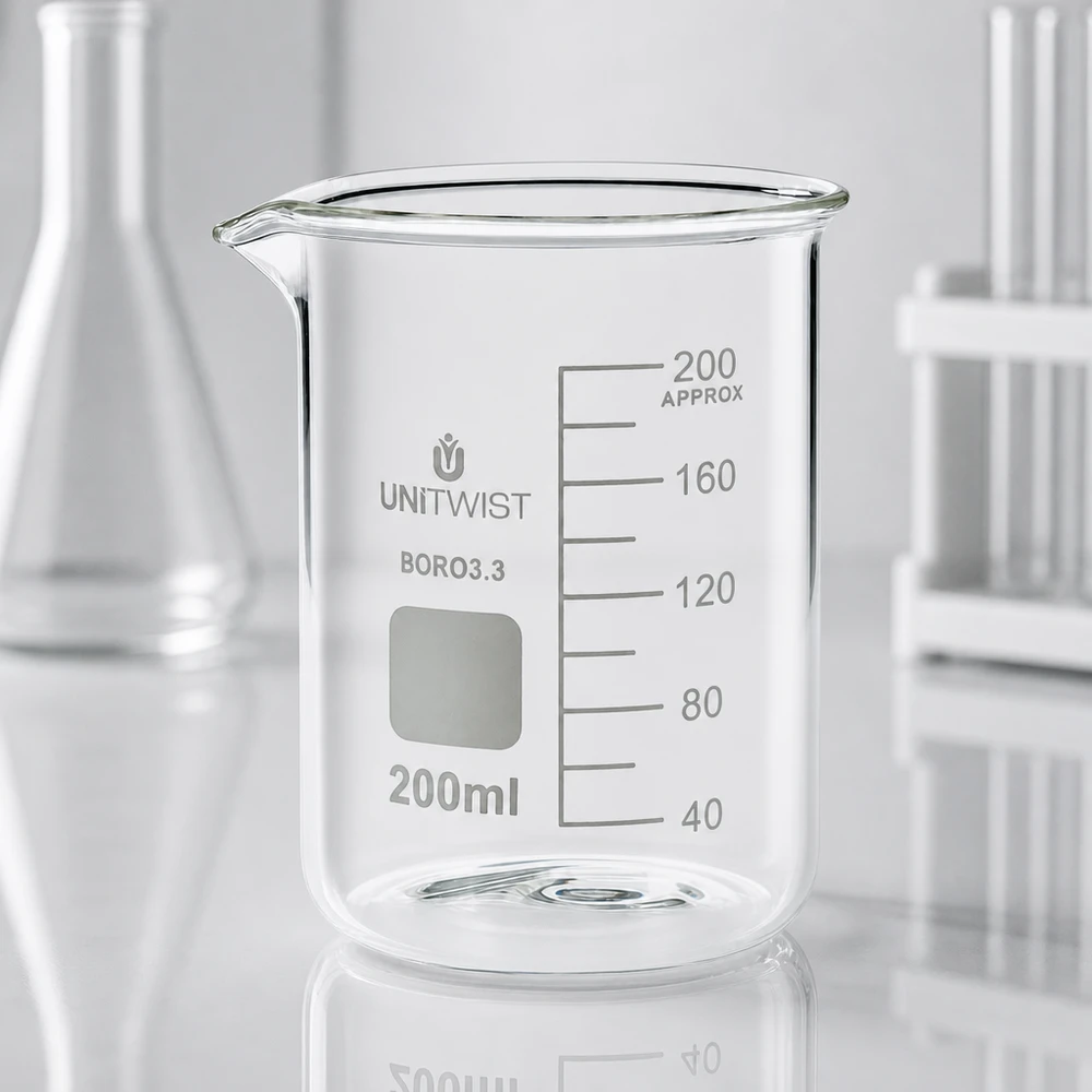 Beker 200ml borosilicaat, schimmelarm UNiTWIST Doorzichtig bekerglas van 200 ml, borosilicaat 3.3, laag model, naast een Erlenmeyer-kolf in het laboratorium