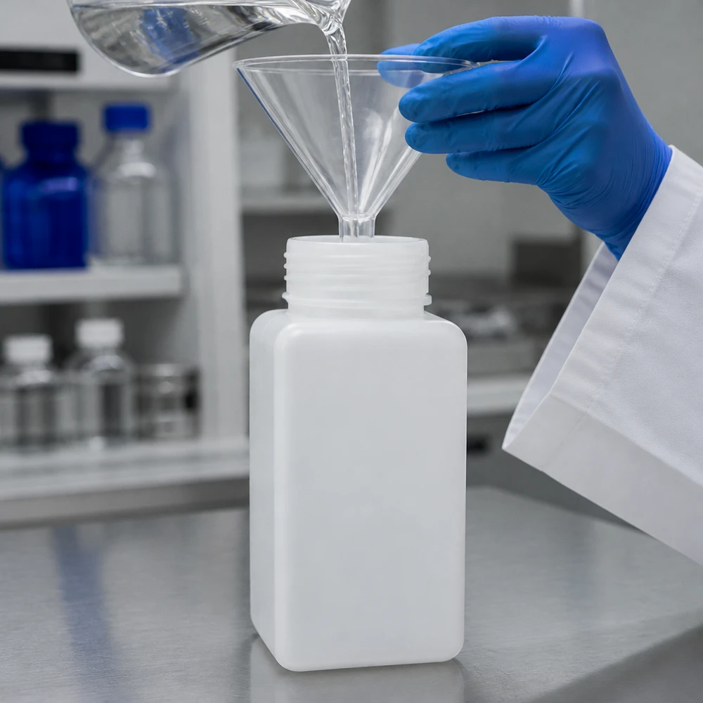 Chemicaliënfles 1500 ml, wijde hals, incl. sluiting GL 65 PE-HD-fles met brede hals, 1500 ml, met brede opening voor eenvoudig vullen in het scheikundelaboratorium
