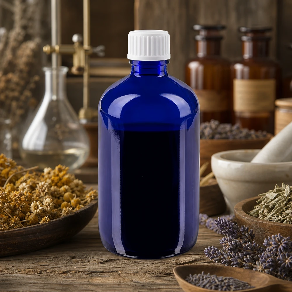 Blauwe apothekersglasfles van 100 ml met druppeldop uit de klassieke apothekers- en laboratoriumuitrusting