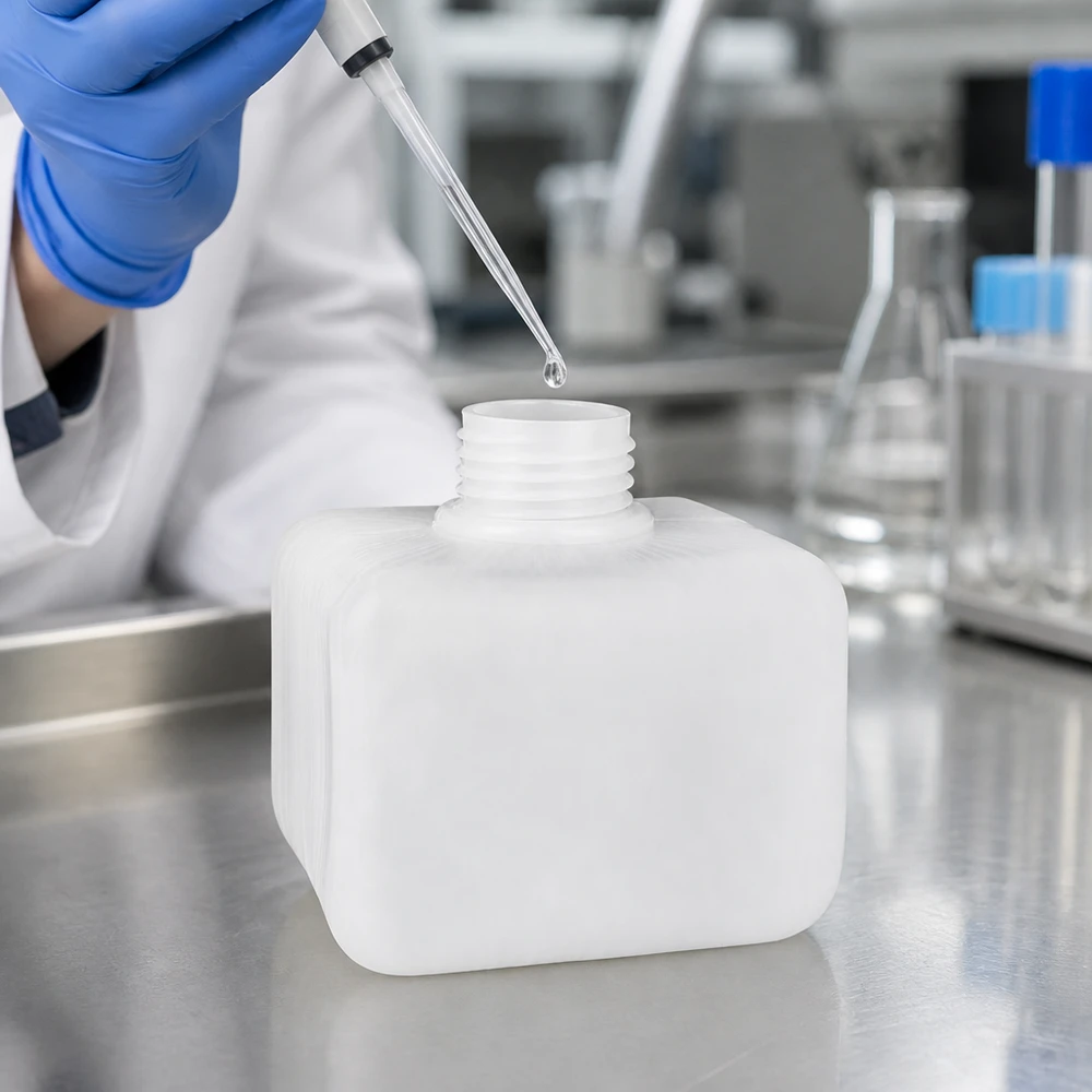 PE-HD-fles van 250 ml, vierkante vorm, GL28, smalle hals, ruimtebesparend voor laboratoriumtoepassingen