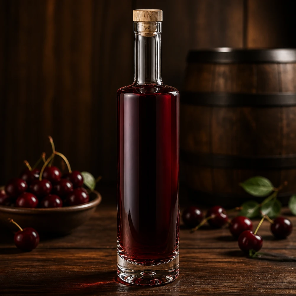 500ml glazen fles Lina met houten kurk gevuld met kersenlikeur tussen verse kersen rustieke houten tafeldecoratie