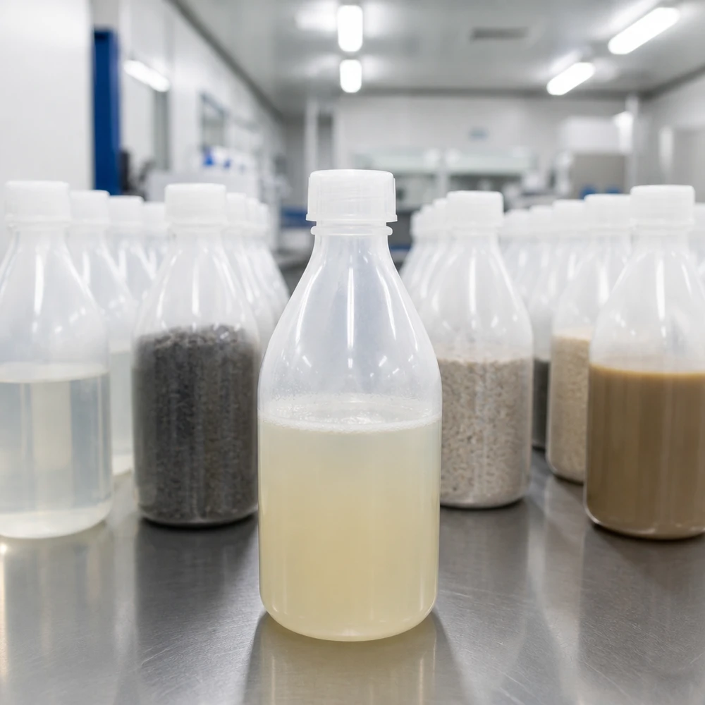 Plastic flesjes van 100 ml met verschillende materiaalmonsters – donker, licht en vloeibaar – in een laboratoriumvergelijking
