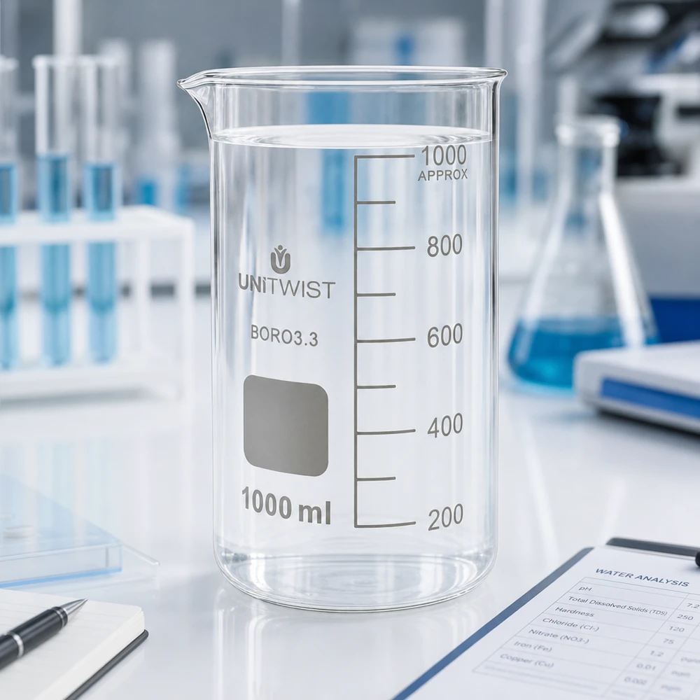 Leeg UNITWIST-laboratoriumglas van 1000 ml, hoog model, borosilicaat 3.3, met uitgietmond op een witte laboratoriumtafel