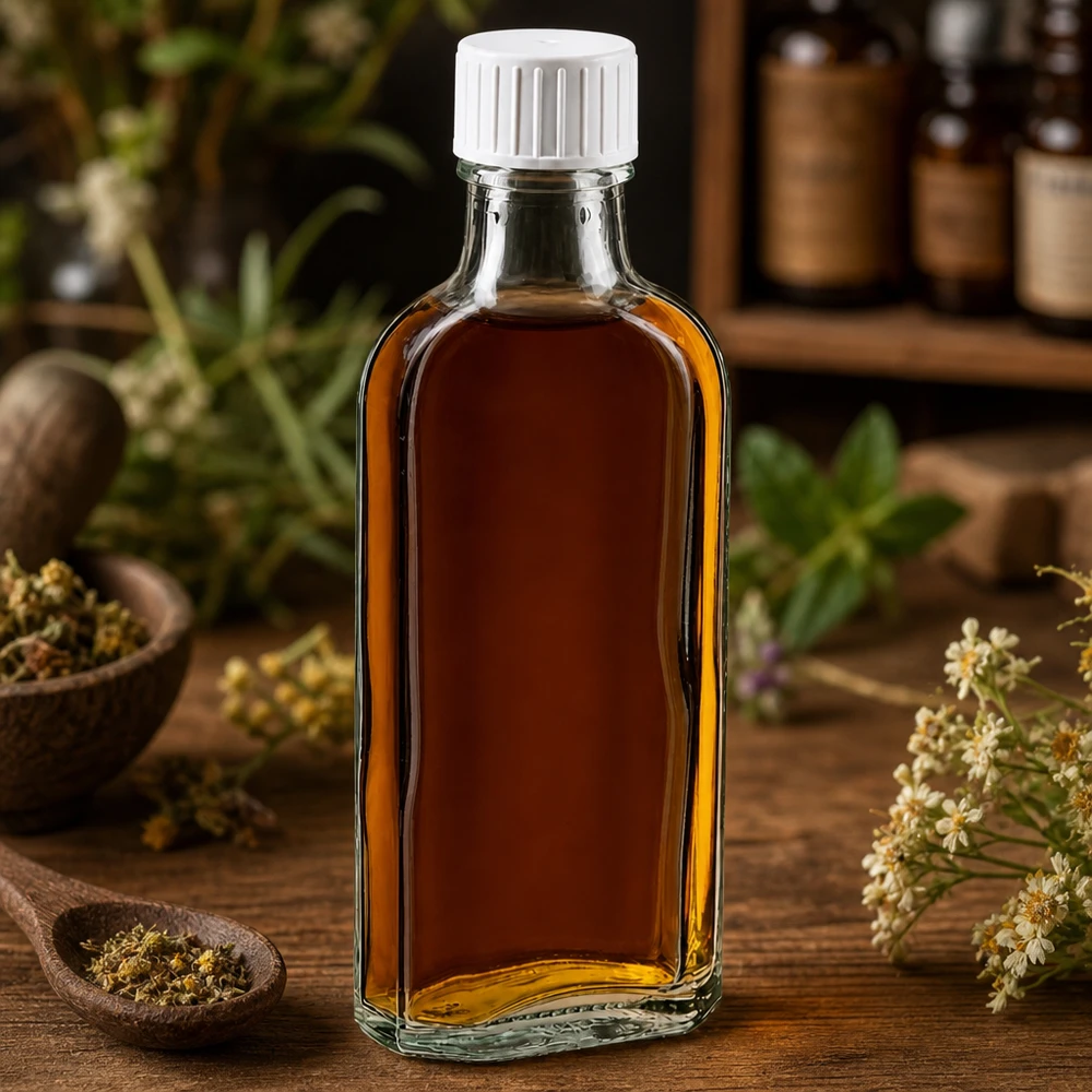100 ml witte meplatfles met DIN 22 monding, inclusief schroefsluiting DIN 22 wit met gietring Rechthoekige glazen fles van 100 ml met een witte dop op een rustieke houten tafel met botanische elementen