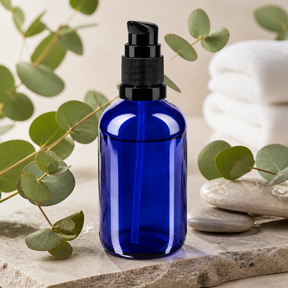Blauwe glazen flessen 100ml met zwart pompsluiting 100 ml blauw apothekersglas met zwarte pomp voor UV-bescherming van lichtgevoelige vloeistoffen