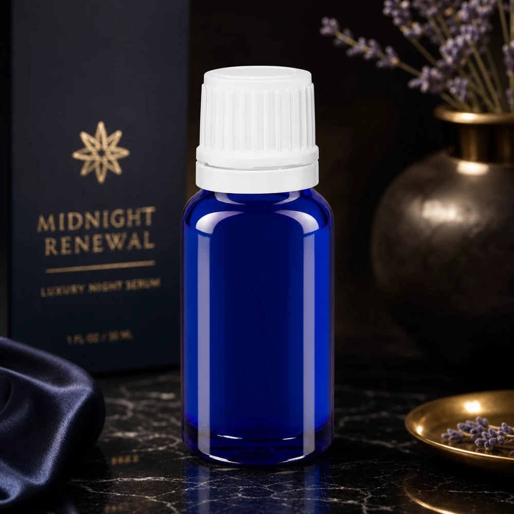 Glasflesje van 10 ml, kobaltblauw met een witte doseerdop, naast een gouden vaas en lavendel