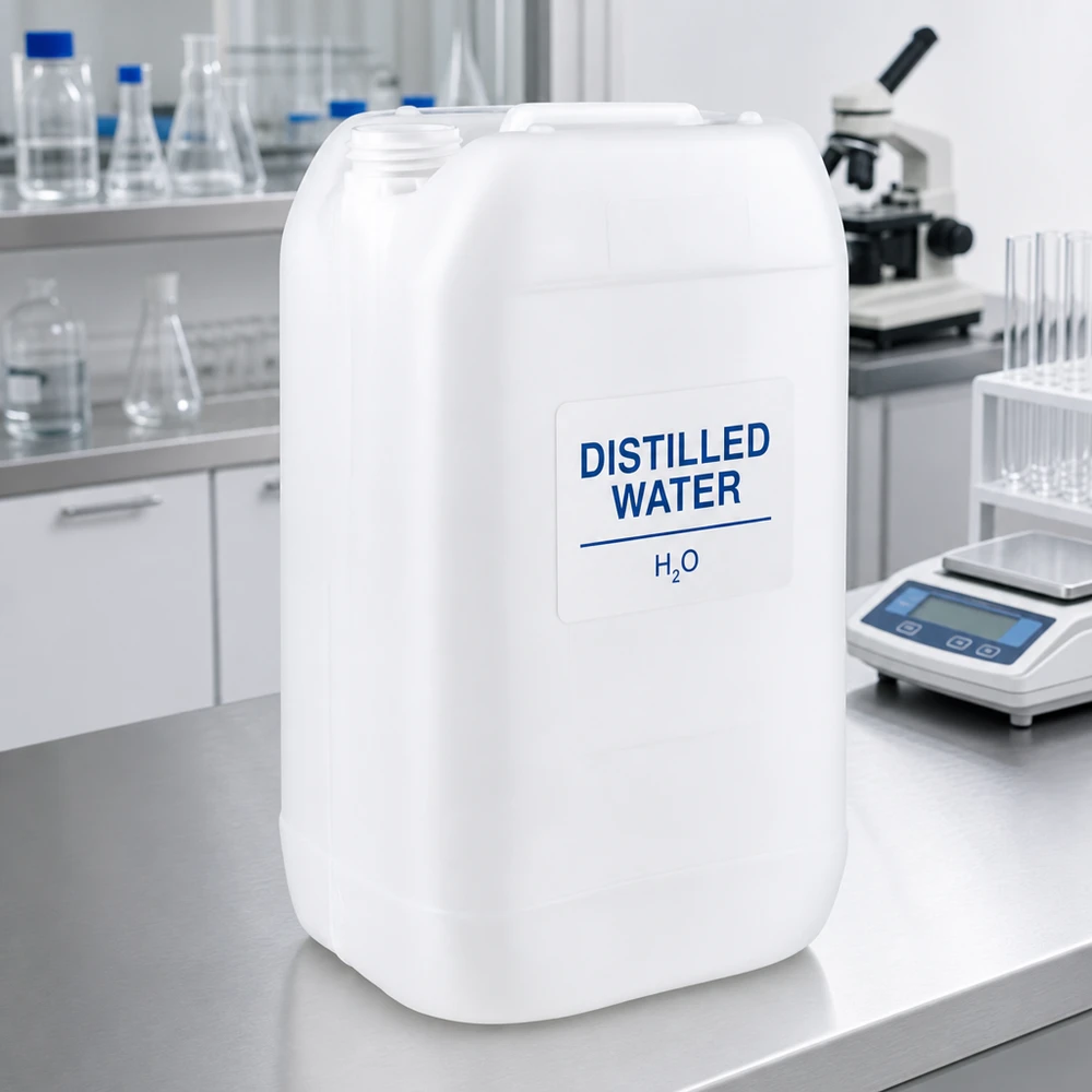 15l jerrycan, UN-toelating, zonder schroefsluiting Jerrycan van 15 liter zonder dop, met H2O-etiket, voor gedestilleerd water in een laboratoriumomgeving