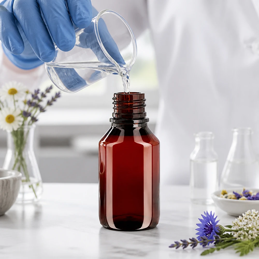 50 ml PET medicijnfles met verstuiver zwart GCMI 28/410 incl. dop transparant, standaard Handliche 50ml Flasche aus braunem PET Kunststoff mit OV Verschluss für Naturheilmittel