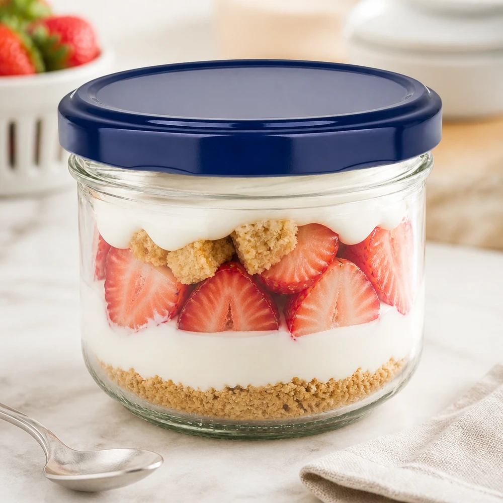 260ml bekers met BasicSeal deksel blauw/wit UNiTWIST 260 ml BasicSeal blauwe bekers met aardbeien dessert laagjes - twist-off pot voor desserts en yoghurt