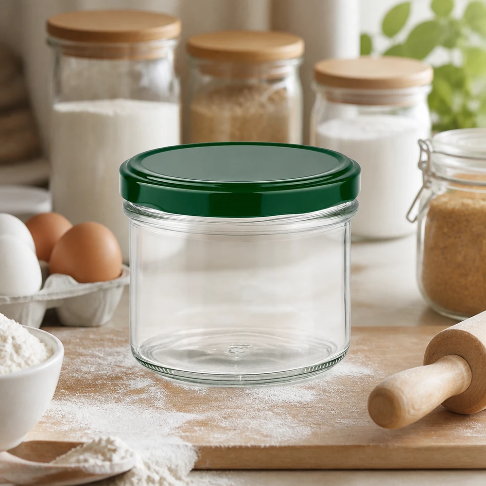 225ml bekers met BasicSeal deksel groen UNiTWIST Glazen pot van 225 ml met groen deksel in de keuken tussen de bakingrediënten, bloem, eieren en houten keukengerei voor opslag