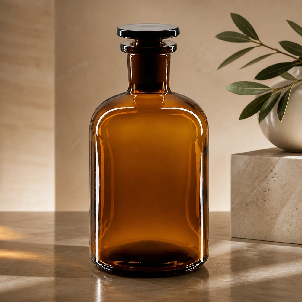 Fles met ronde schouders, 250 ml, bruin glas, smalle hals, glazen stop, voor laboratoriummonsters en reagentia