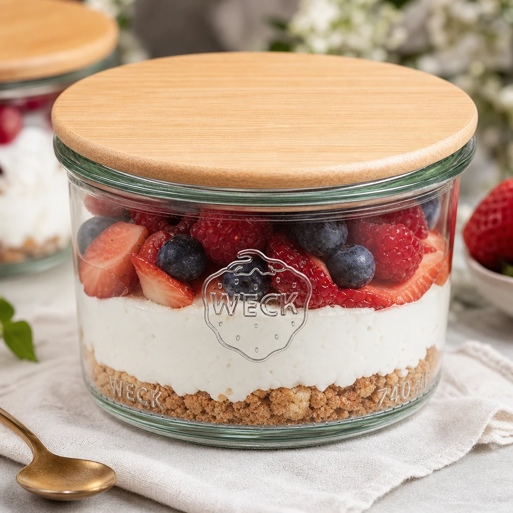 200ml stortglas WECK RR80 met hout deksel WECK bekers 200ml RR80 houten deksel gevuld met gelaagd dessert bessen yoghurt biscuit basis dessert styling
