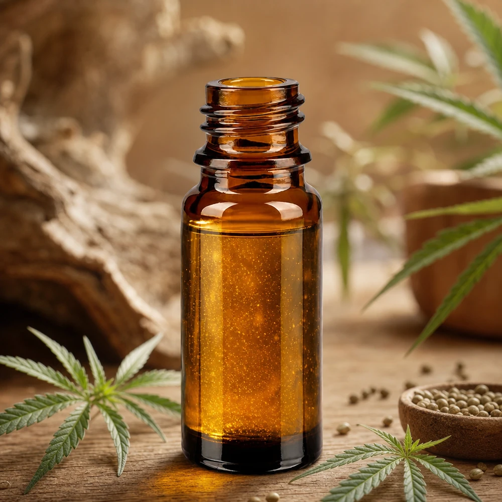 10ml bruin apothekersflesje ApoGlas met cannabis extract en hennepzaadjes op een rustieke houten achtergrond