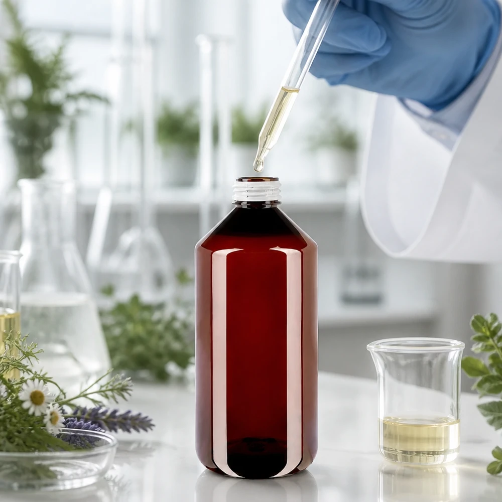 PET fles 1000ml met witte verzegelde stop, geribbeld Hervulbare apothekersfles van 1 liter, gemaakt van amberkleurig PET, met een fraudebestendige dop