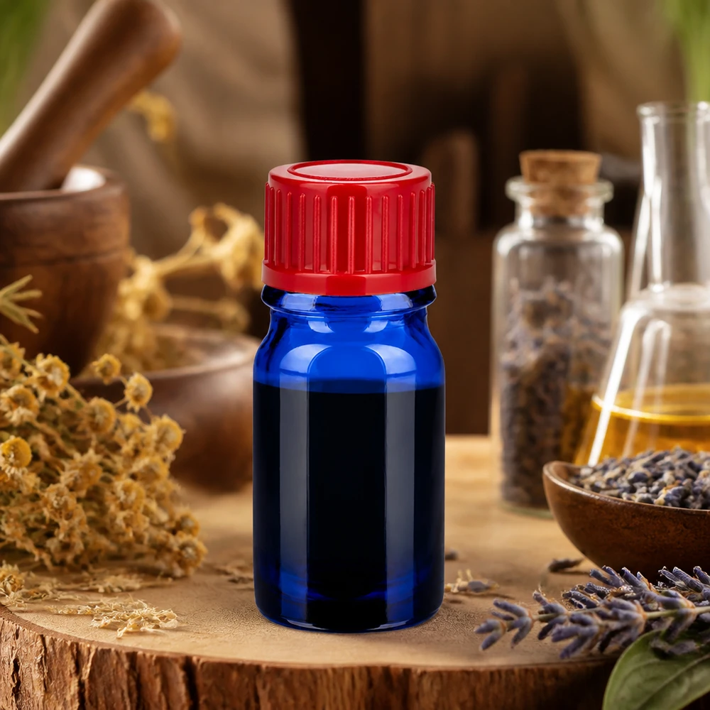 5ml blauw bewaarflesje met kindveilige rode dop voor tincturen en extracten