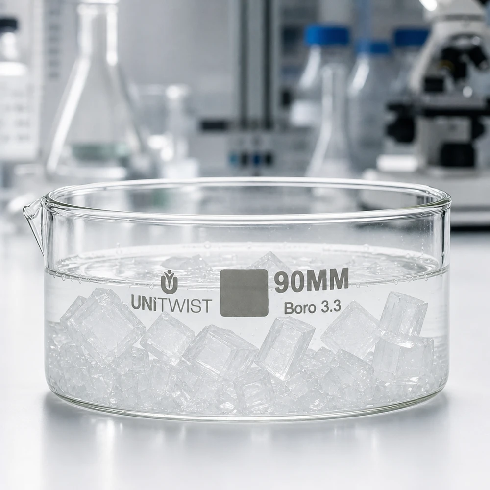 UNiTWIST laboratoriumschaal 90 mm, laag model, Boro 3.3-glas, hittebestendig, helder